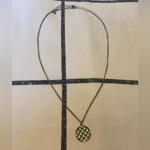 Silver Necklace with Green Checkerboard Pendant - Picture 1 of 1